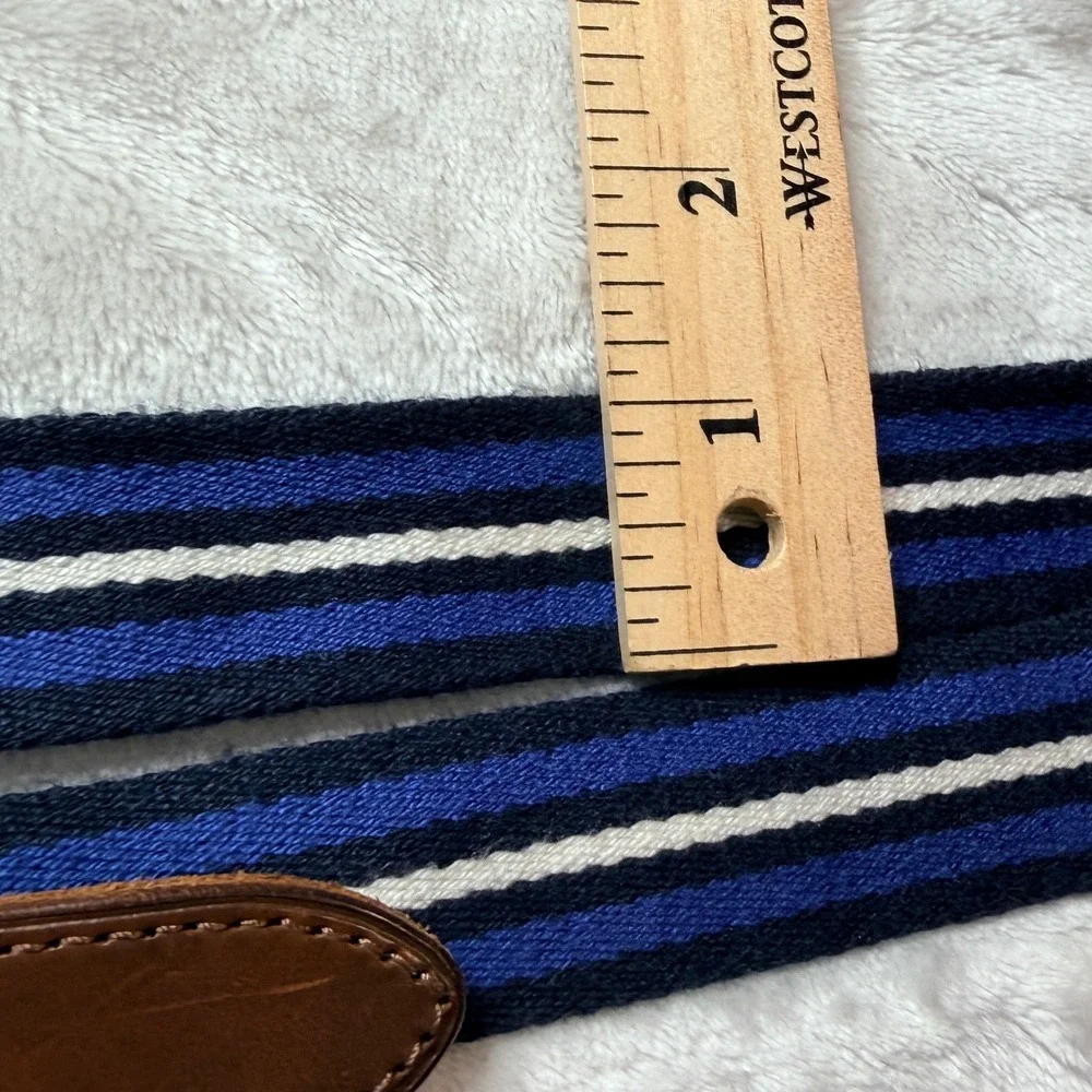 Polo Golf Ralph Lauren Navy Blue White Stripe Brown Leather Woven Fabric Belt 38